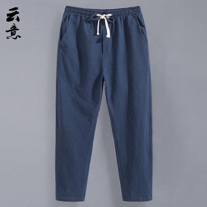 棉麻九分裤男夏季薄款宽松直筒运动休闲裤子男...