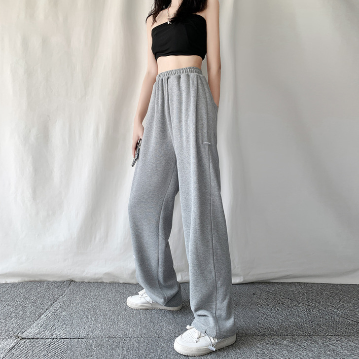 灰色运动裤女垂感直筒宽松休闲夏季高街束脚卫...