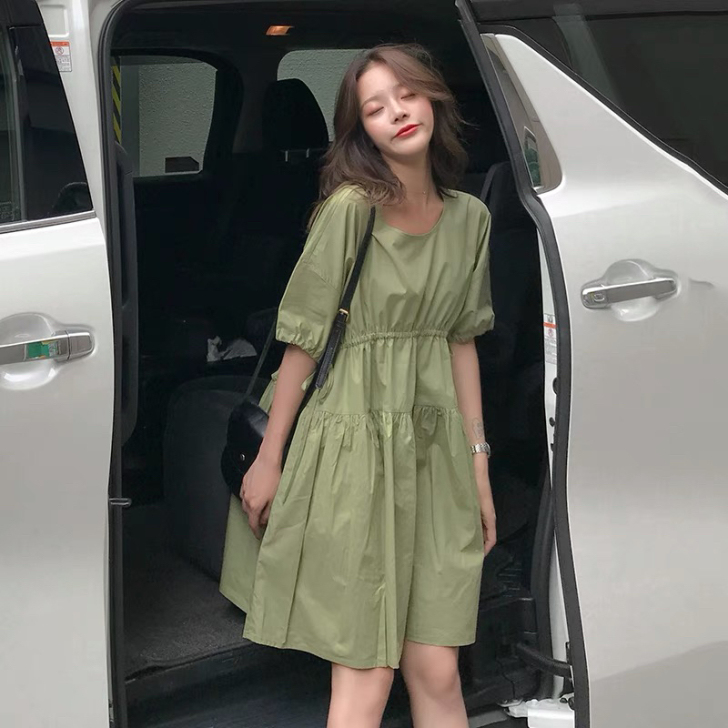 牛油果绿法式泡泡袖连衣裙夏孕妇小个子梨形身...