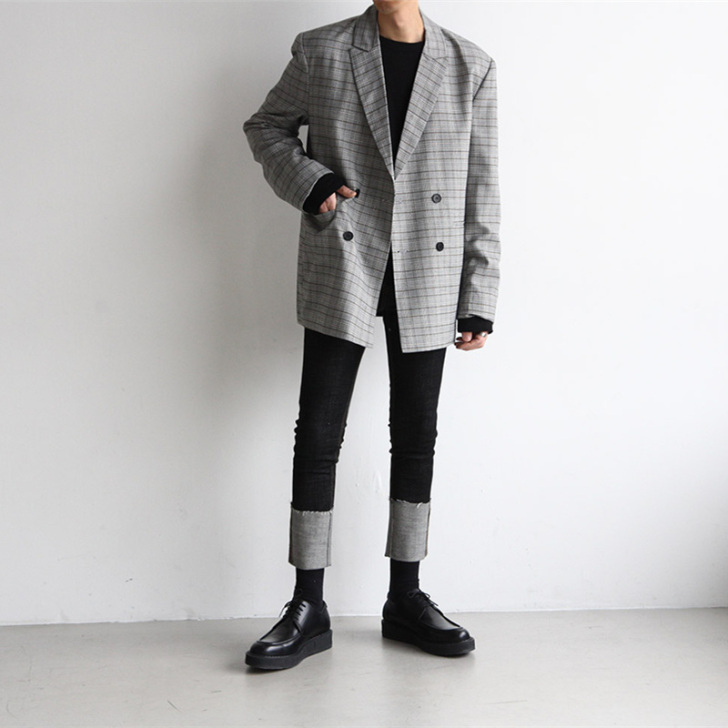 春秋韩版休闲格子单西服男宽松潮流百搭青年双...