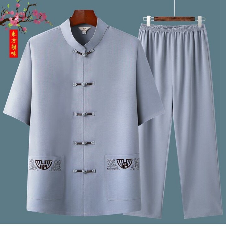 中老年唐装男短袖汉服爷爷太极服复古爸爸大码...