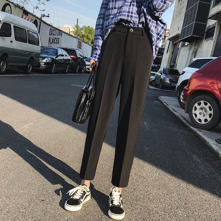 西装裤女韩版学生宽松烟管裤2021春夏九分...