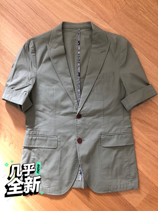 男士 小清新 韩式 短袖 西服 绿色 纯棉...
