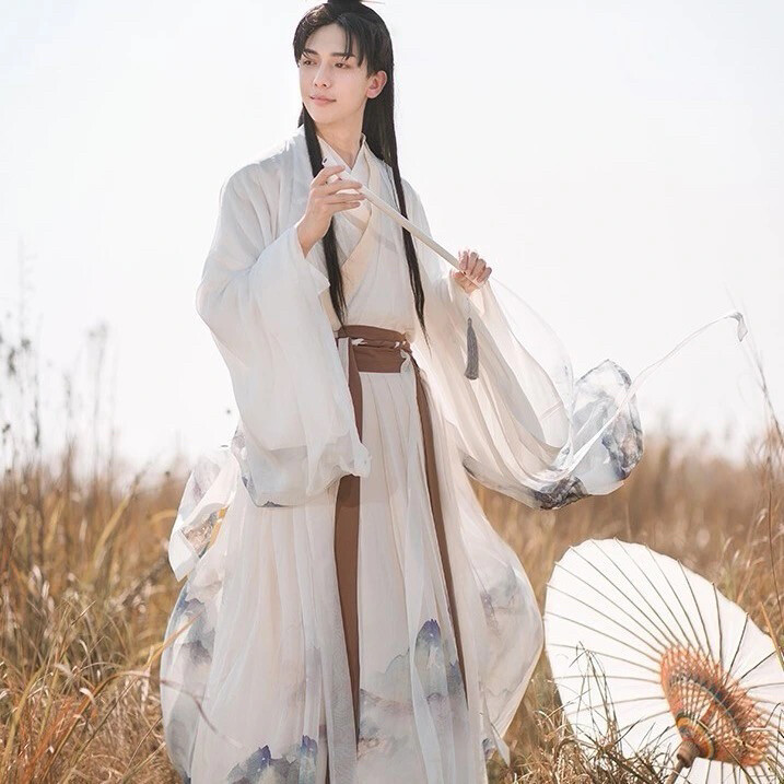 汉服男女cp忘川交领襦裙齐腰印花水墨大袖衫...