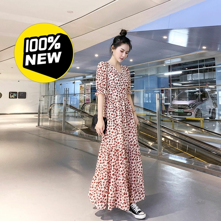 短袖连衣裙女2021夏季新款韩版V领碎花收...