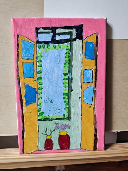 儿童手绘丙烯画 开窗 20*30实木框画布...