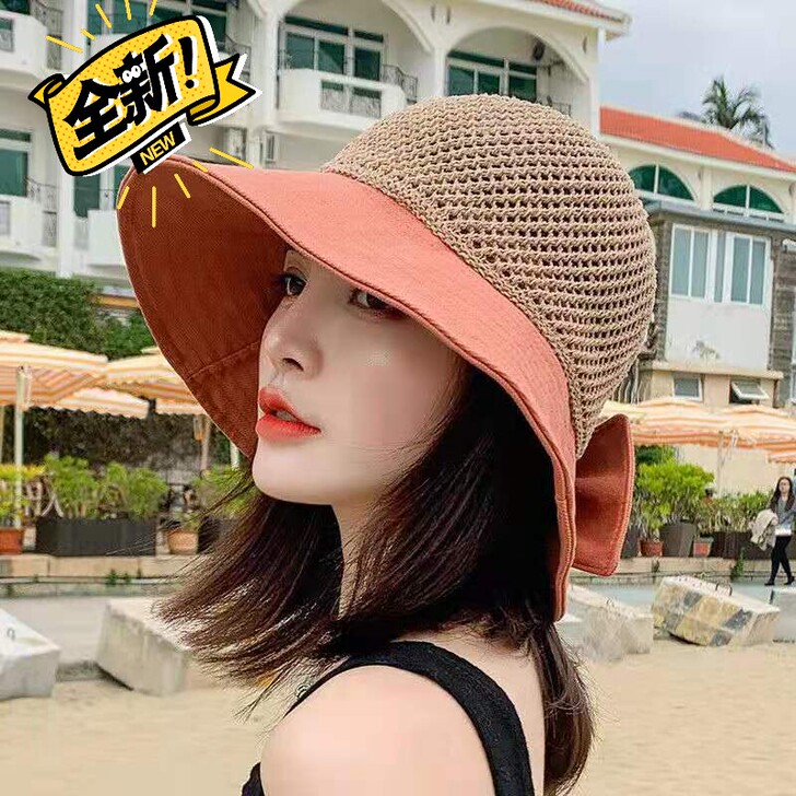 春夏新款百搭渔夫帽子女针织镂空拼色蝴蝶结太...