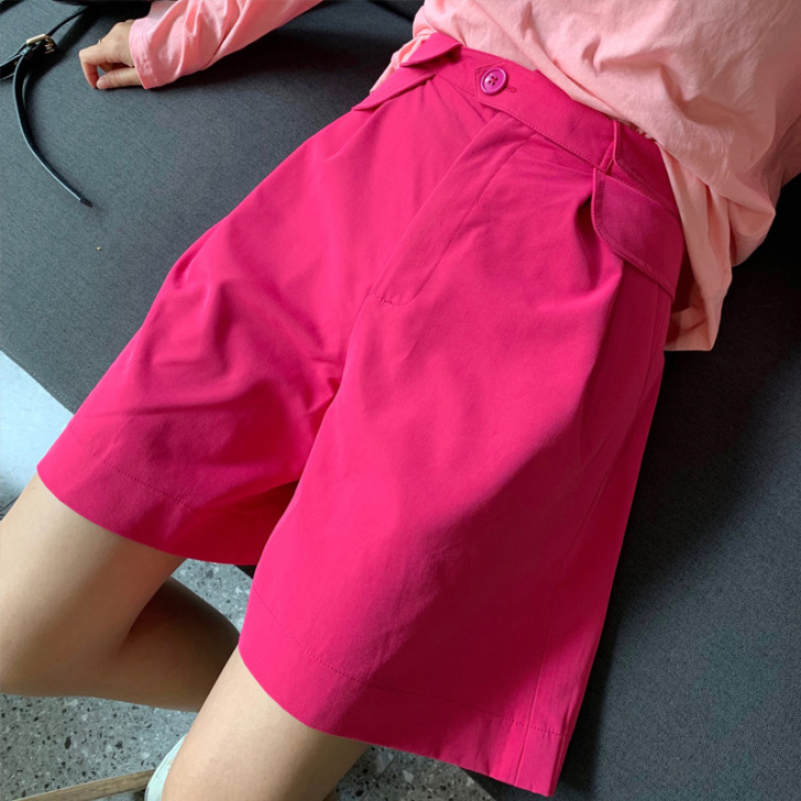 复古港风玫粉色阔腿短裤超高腰五分裤中裤短裤...