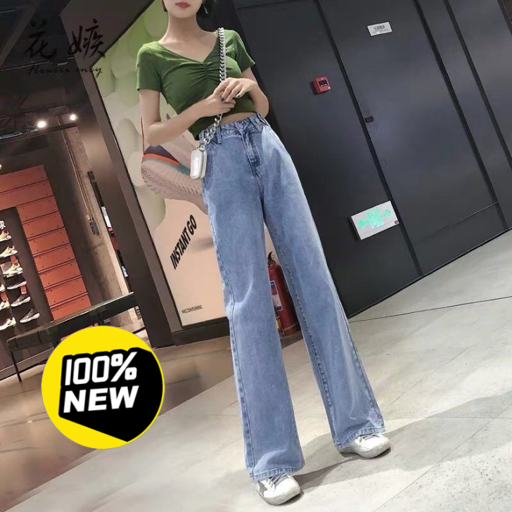 高腰阔腿牛仔裤女垂感泫雅春秋季宽松大码显瘦...