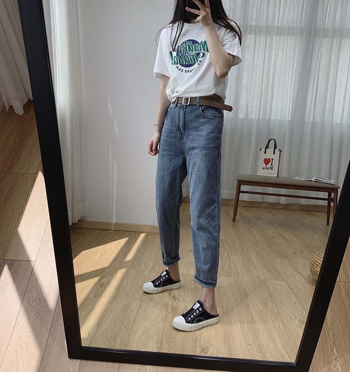 巨显瘦冰丝牛仔裤女夏季薄款宽松九分哈伦裤超...