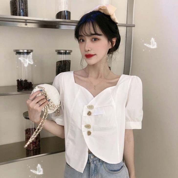 不规则V领短款白衬衫女士设计感小众2021...