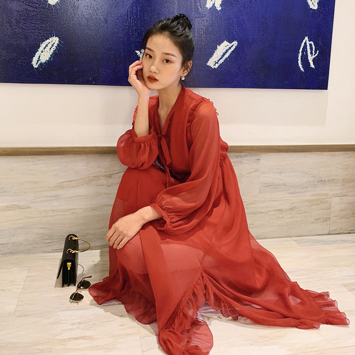 梅子熟了红色雪纺连衣裙很仙的法国小众桔梗裙...