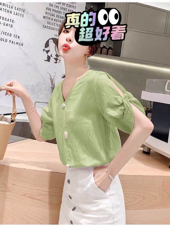 高端气质款洋气很仙美短袖衬衫女2021新款...