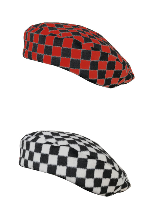 黑白红黑两色棋盘格画家帽贝雷帽EELMOO...