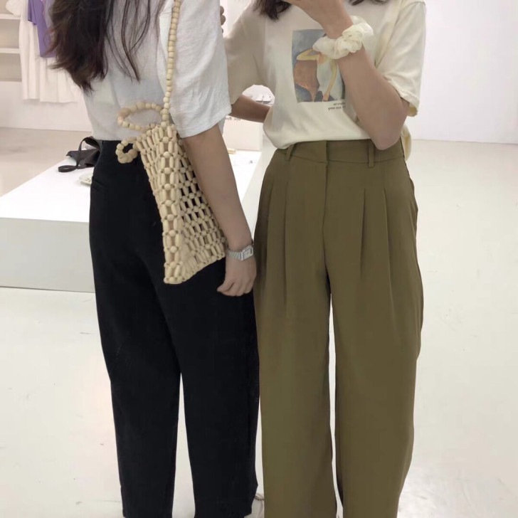 自制休闲阔腿裤女2020新款高腰宽松直筒垂...
