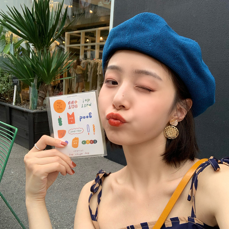 蜗牛爬爬家/日系百搭蓝色贝雷帽女夏季薄款i...