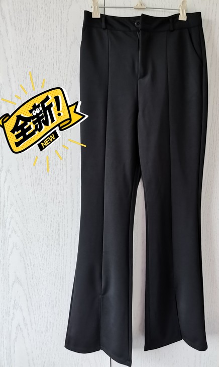黑色高腰开叉微喇叭裤 休闲垂感拖地显瘦阔腿...