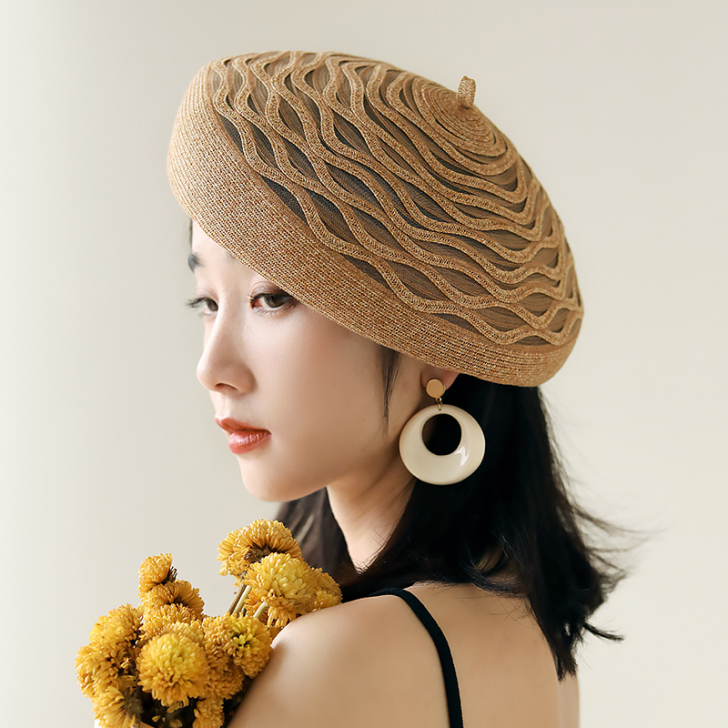 贝雷帽女夏季薄款瓜皮帽镂空透气草编画家帽甜...