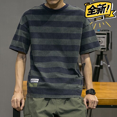 男士短袖t恤圆领夏季体恤韩版条纹潮牌纯棉宽...