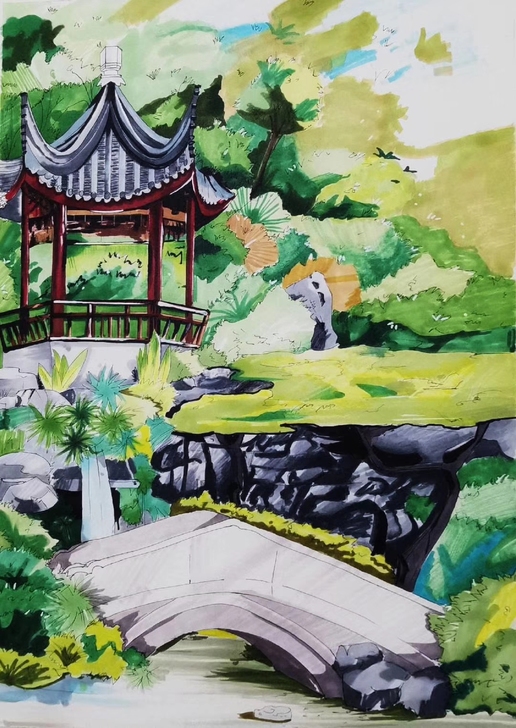 绘画各种美术作品，《古代风景画》马克笔
