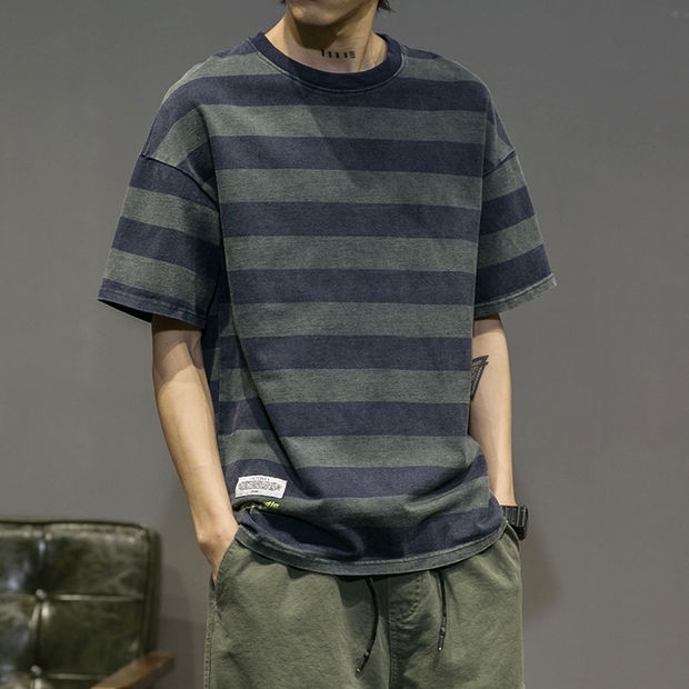【两件装】夏季短袖t恤男复古韩版潮流条纹学...