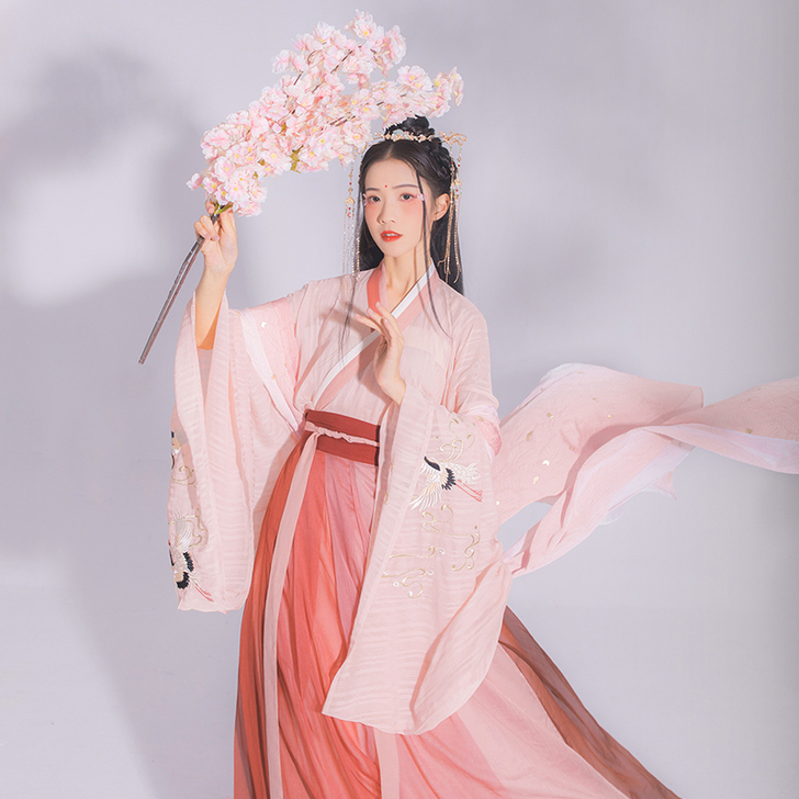 汉尚华莲桃花记原创汉服女超4米衫裙仙鹤刺绣...