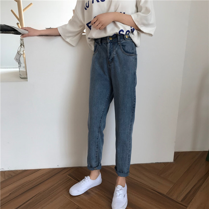 高腰牛仔裤女秋季2018新款韩版百搭学生深...