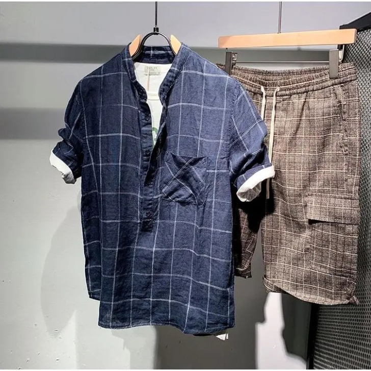 条纹衬衫男士夏季短袖修身百搭帅气休闲衬衣2...