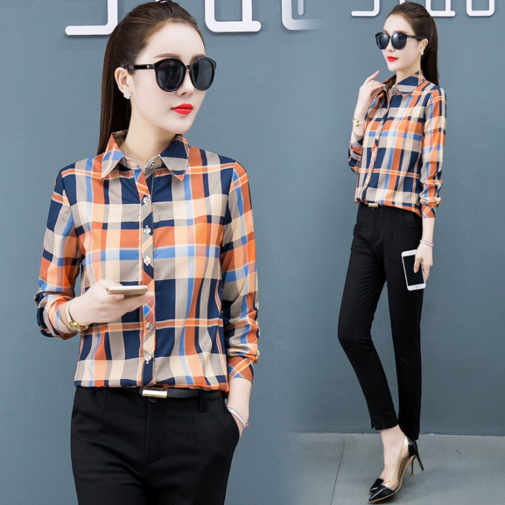 全新包邮2020春秋季新款经典橙色格子衬衫...