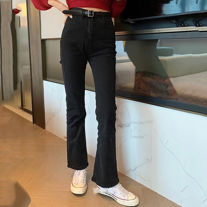 黑色牛仔裤女高腰显瘦微喇叭垂感拖地裤子烟管...