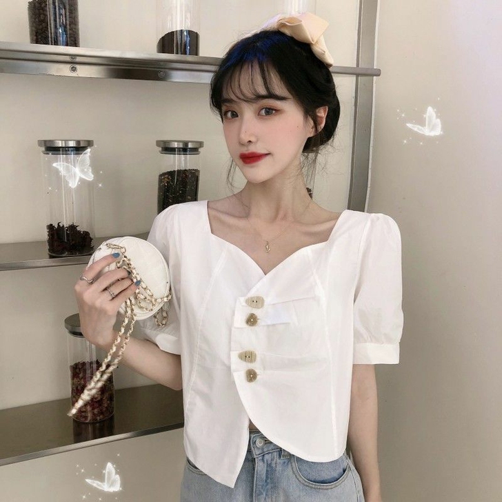 【全新】不规则V领短款白衬衫女士设计感小众...