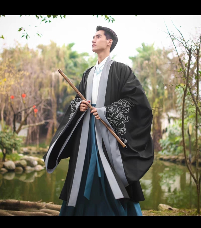 重回汉唐忘机汉服男传统礼服绣花云纹单大氅日...