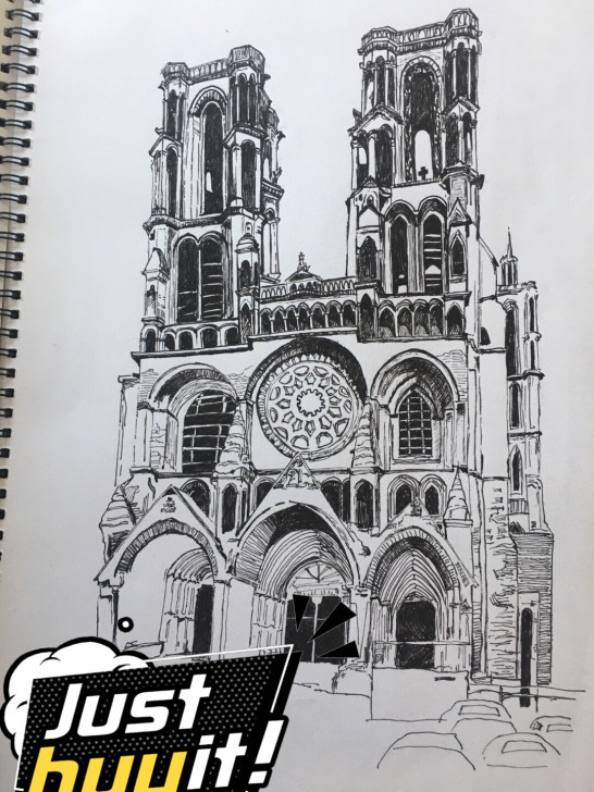 在校大学生接建筑钢笔画速写。