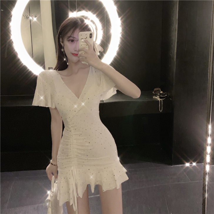 夏天亮闪闪性感v领裙子收腰显瘦亮片连衣裙女...