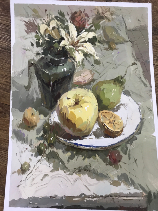 水粉画 ，8开水粉静物画成品，无签名，卡纸...