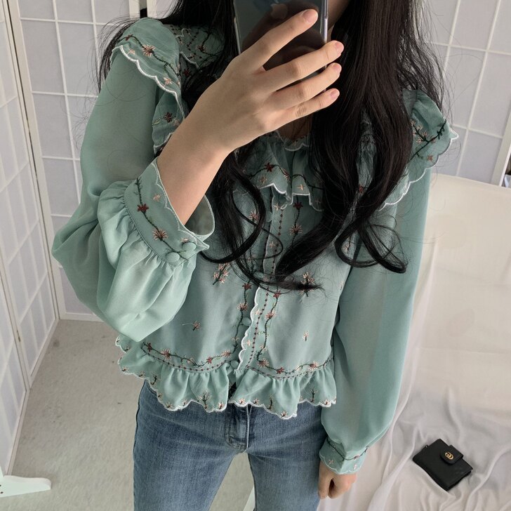 韩风ins气质甜美荷叶边翻领衬衫女夏季小清...