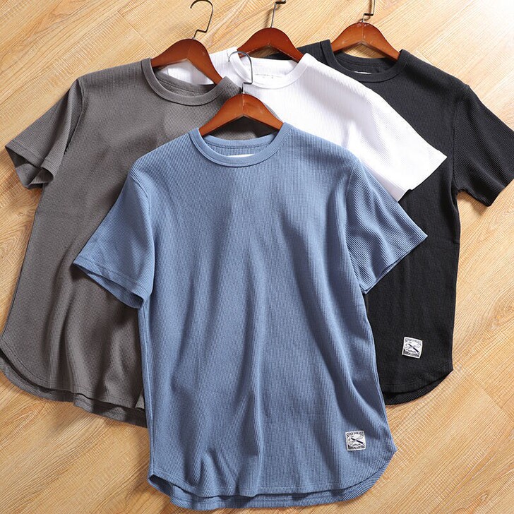 工厂直销高级全棉华夫格春夏新款男圆领打底休...