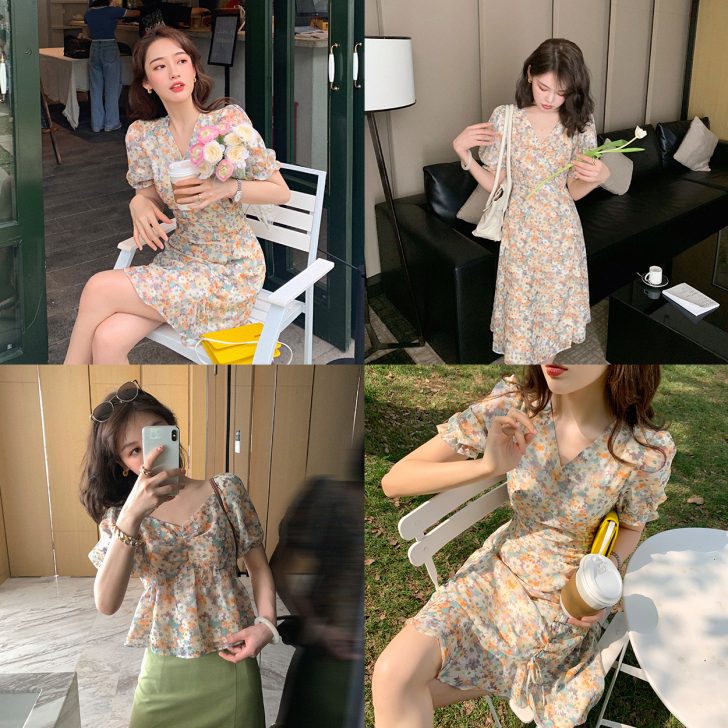 花栗鼠小姐 油画裙子V领雪纺法式收腰碎花连...