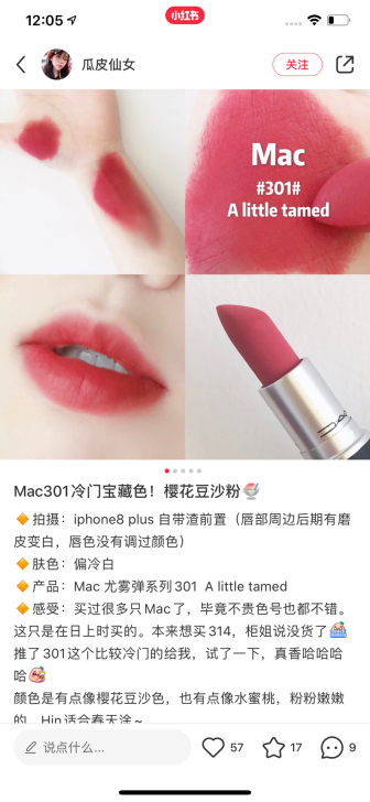 mac301，豆沙粉，哑光，用了一两次，专...