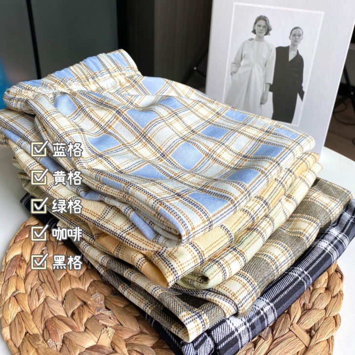 冰丝裤格子裤2021春夏高腰直播爆款宽松垂...