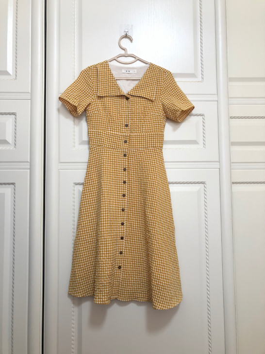 俏里桔梗黄色格子连衣裙女夏法式复古连衣裙 ...