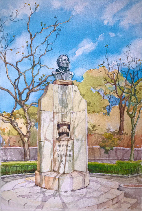 原创水彩画，蓝天白云下的汾阳路普希金铜像，...