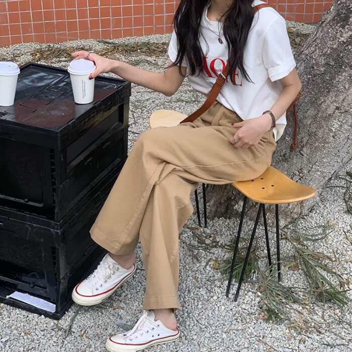 高腰显瘦休闲卡其色阔腿牛仔裤女宽松直筒裤子...