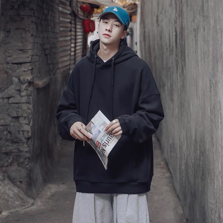 春秋纯色百搭卫衣男士连帽套头宽松衣服潮流青...