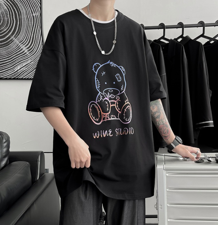 【正潮男装基地】拼色熊印花潮流简约宽松男士...