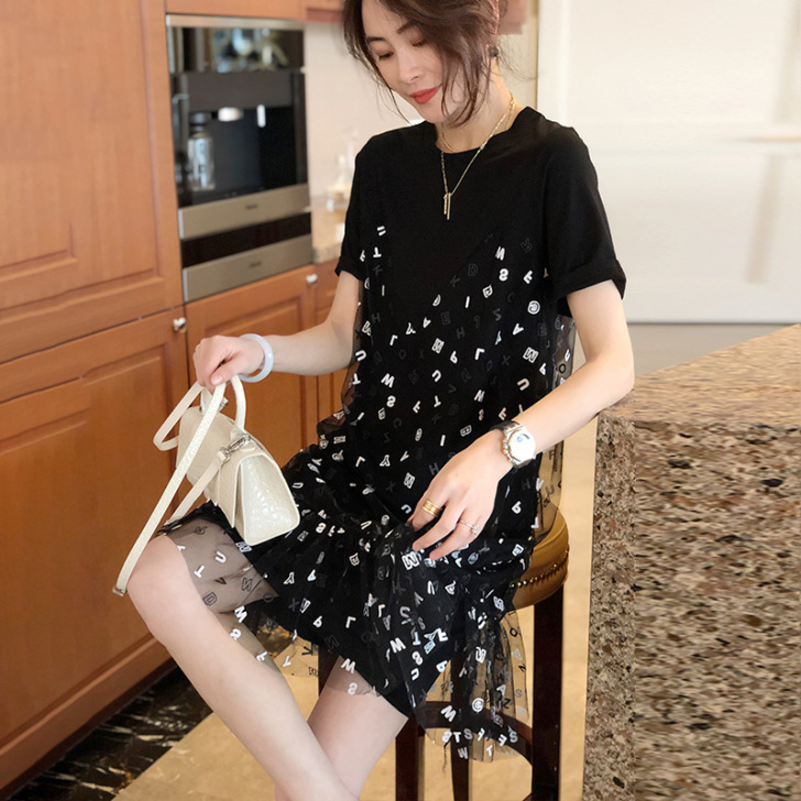 拼接假两件套连衣裙子黑色网纱裙子夏时尚气质...