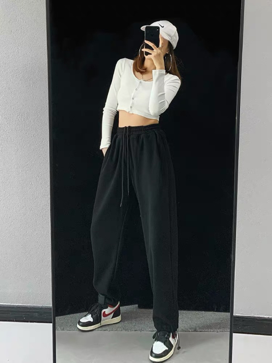 美式高街宽松休闲运动裤女春秋显瘦松紧腰束脚...