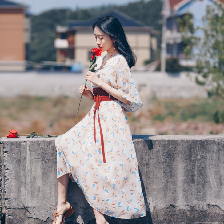 碎花雪纺汉服改良版连衣裙夏法式复古收腰显瘦...