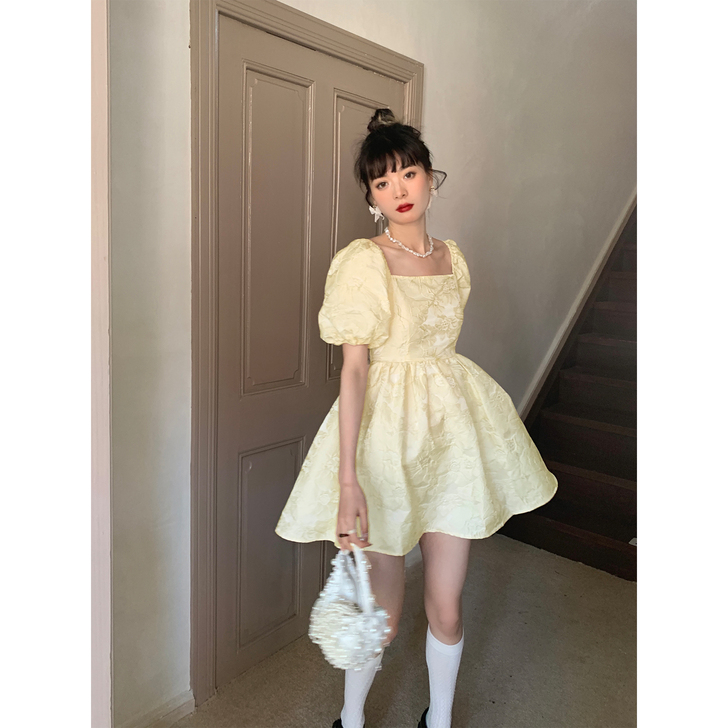 乌龙羊/法式方领蓬蓬裙连衣裙女夏公主裙提花...