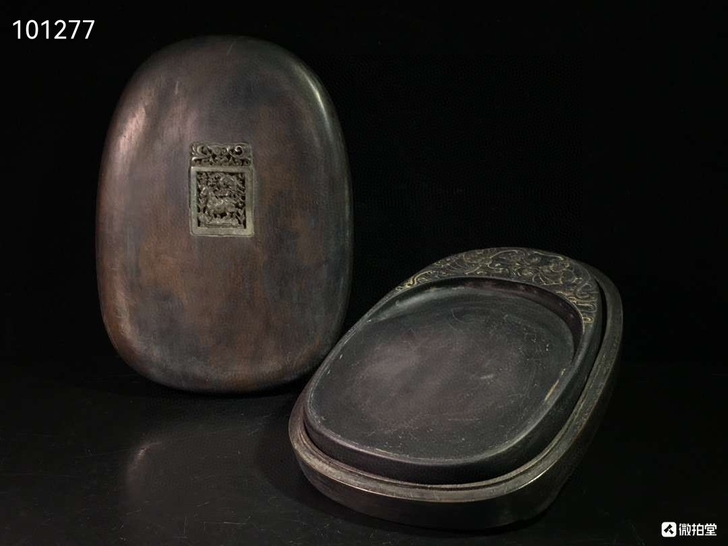 旧藏木盒端砚福从天降，椭圆形，石料干净细腻...